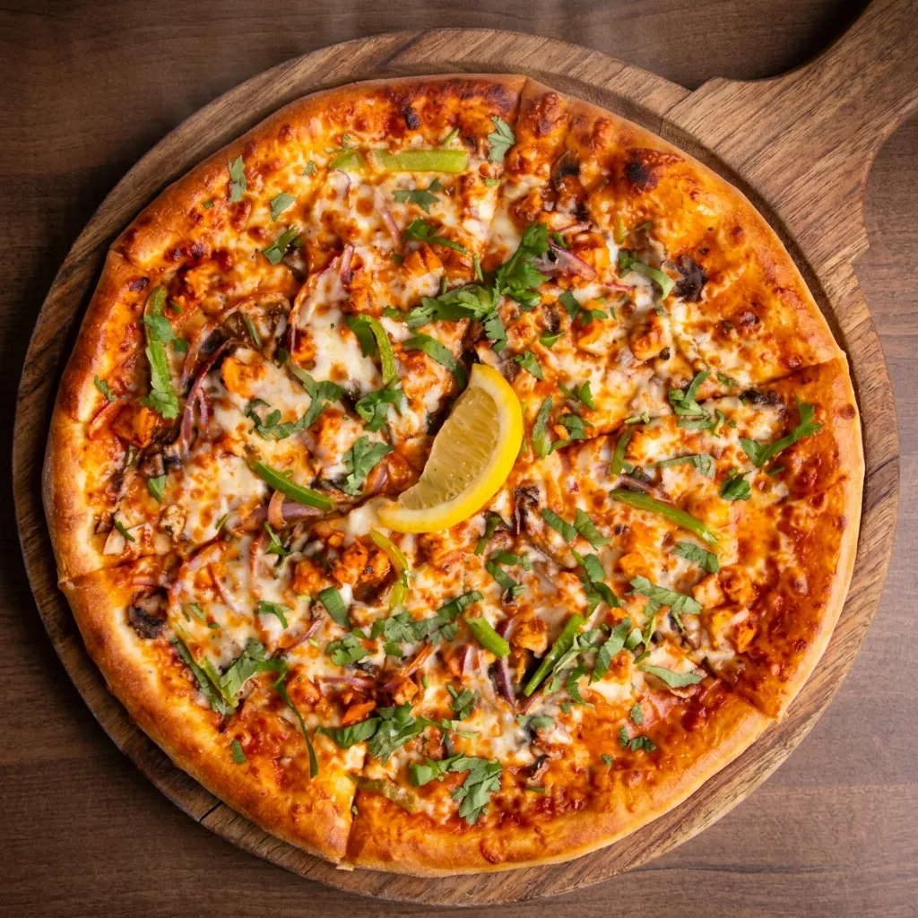 Chicken speciality pizza with green peppers, red onions, cilantro and lemon at Samra's Pizza in Calgary